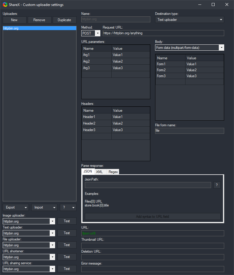 ShareX custom uploader settings screenshot